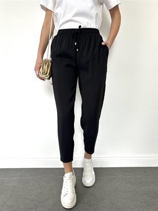 Siyah Beli Lastikli Tencel Pantolon