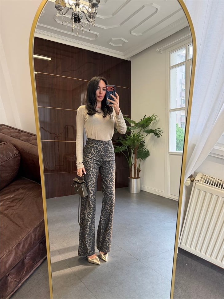 Siyah Benekli Leopar Wide-Leg Pantolon
