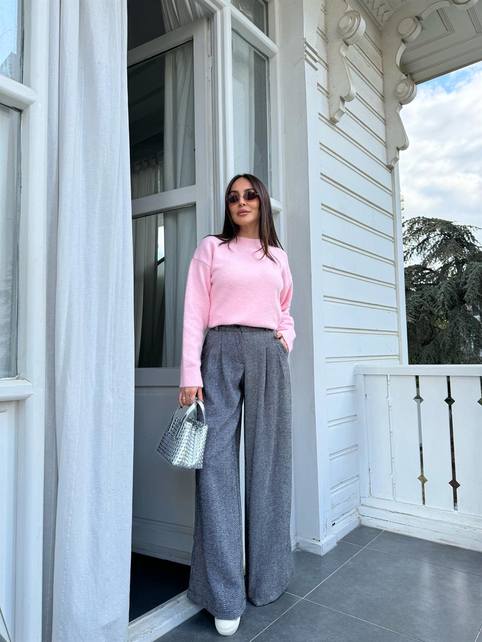 Siyah-Beyaz Balık Sırtı Yüksek Bel Kumaş Pantolon