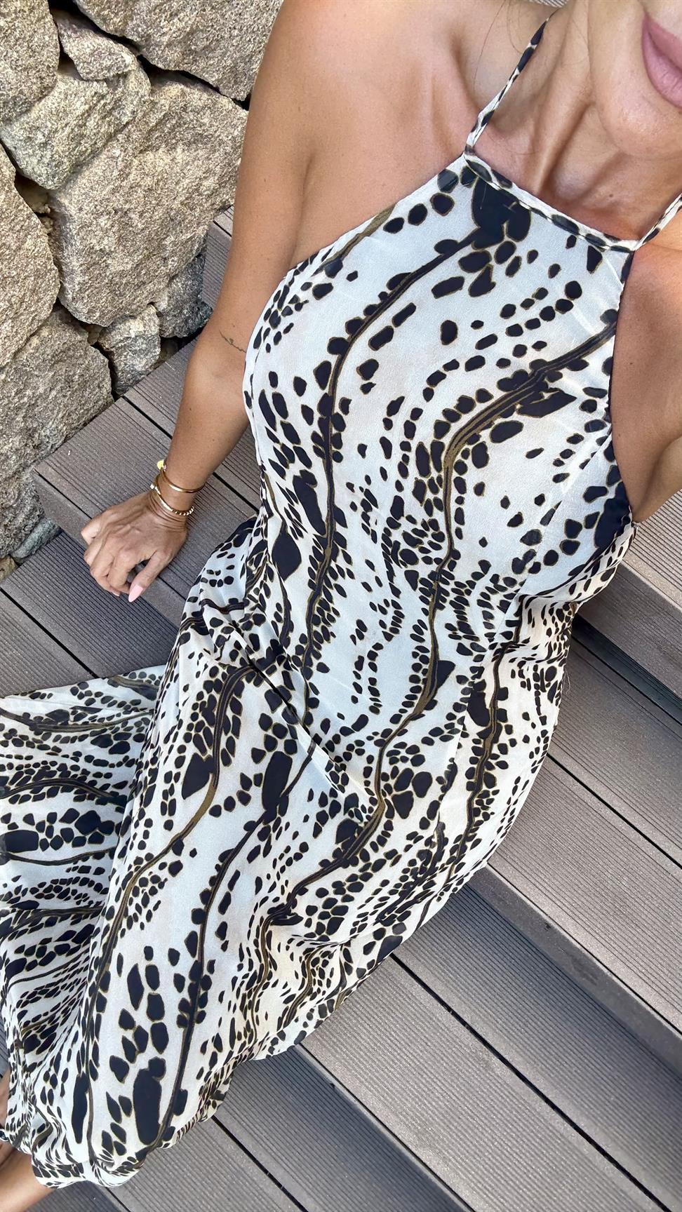 Siyah-Beyaz Boyundan Bağlamalı Uzun Elbise