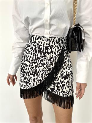 Siyah-Beyaz Püsküllü Mini Etek