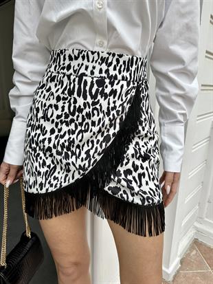 Siyah-Beyaz Püsküllü Mini Etek