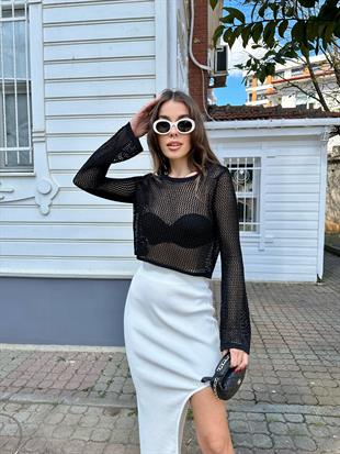 Siyah Bisiklet Yaka Ajur Desen Crop Kazak