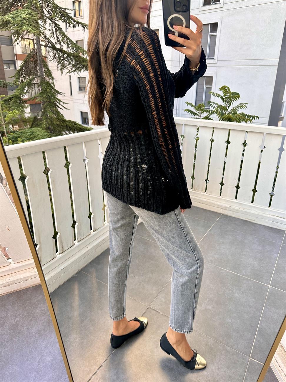 Siyah Bisiklet Yaka Ajurlu Triko Kazak