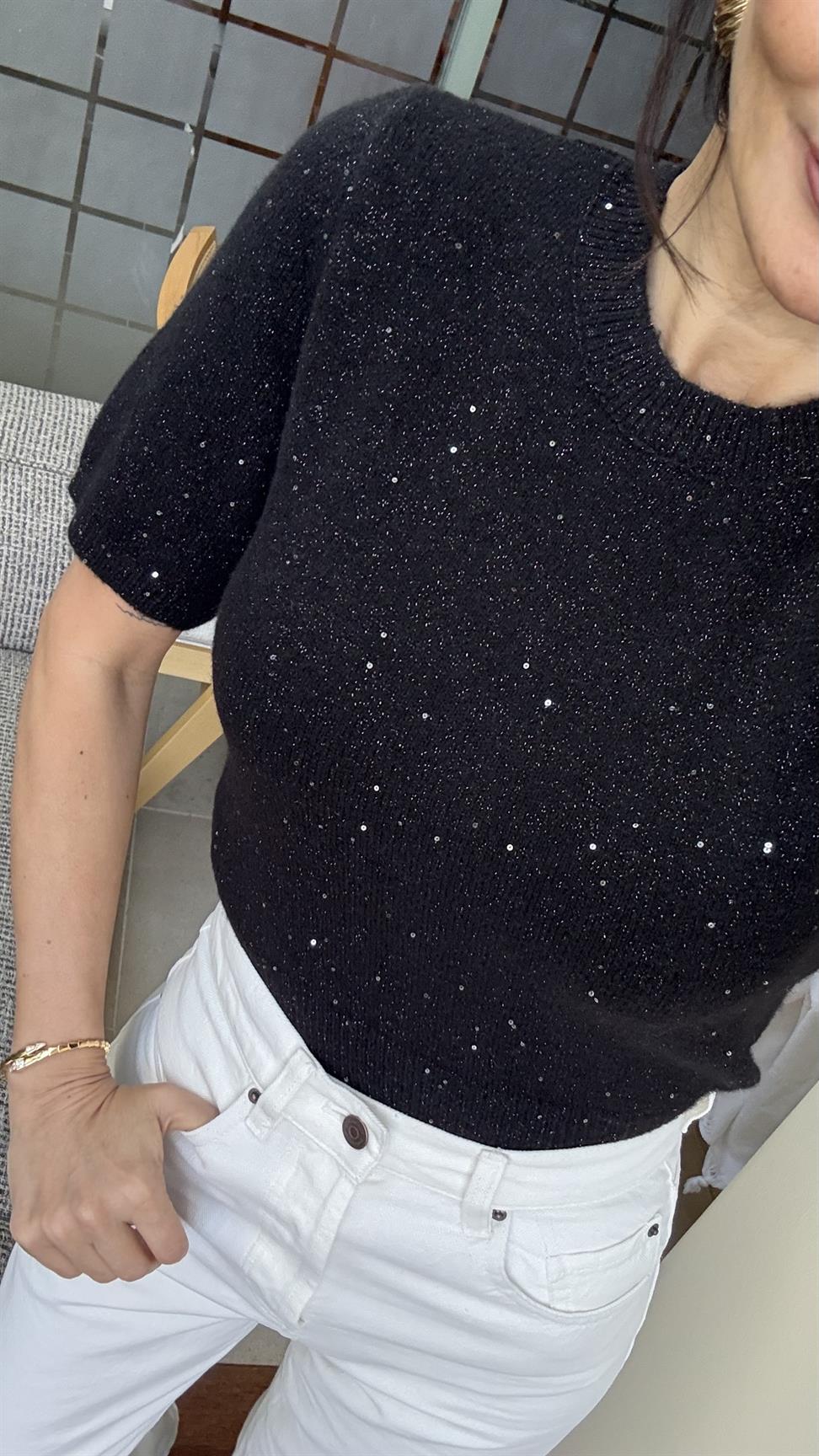 Siyah Bisiklet Yaka Pullu Simli Triko Kazak