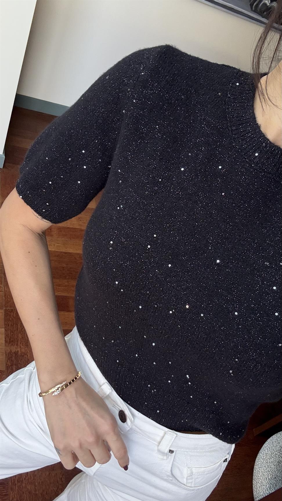 Siyah Bisiklet Yaka Pullu Simli Triko Kazak