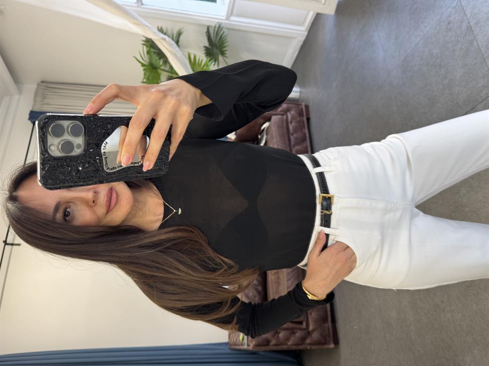 Siyah Bisiklet Yaka Transparan Triko