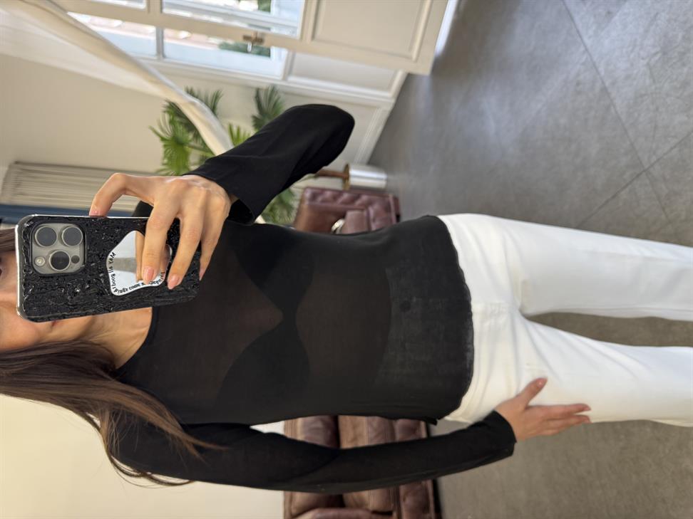 Siyah Bisiklet Yaka Transparan Triko