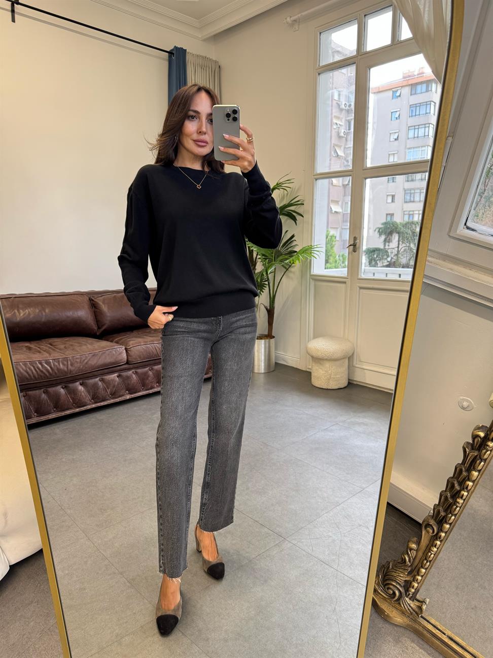 Siyah Bisiklet Yaka Yünlü Basic Triko Kazak