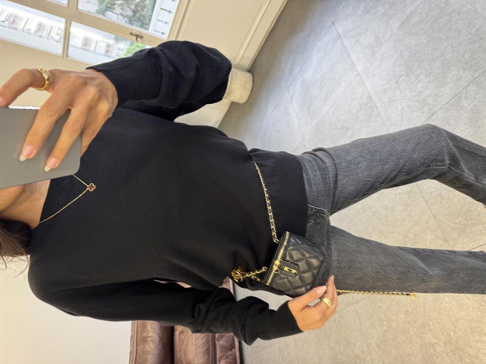 Siyah Bisiklet Yaka Yünlü Basic Triko Kazak