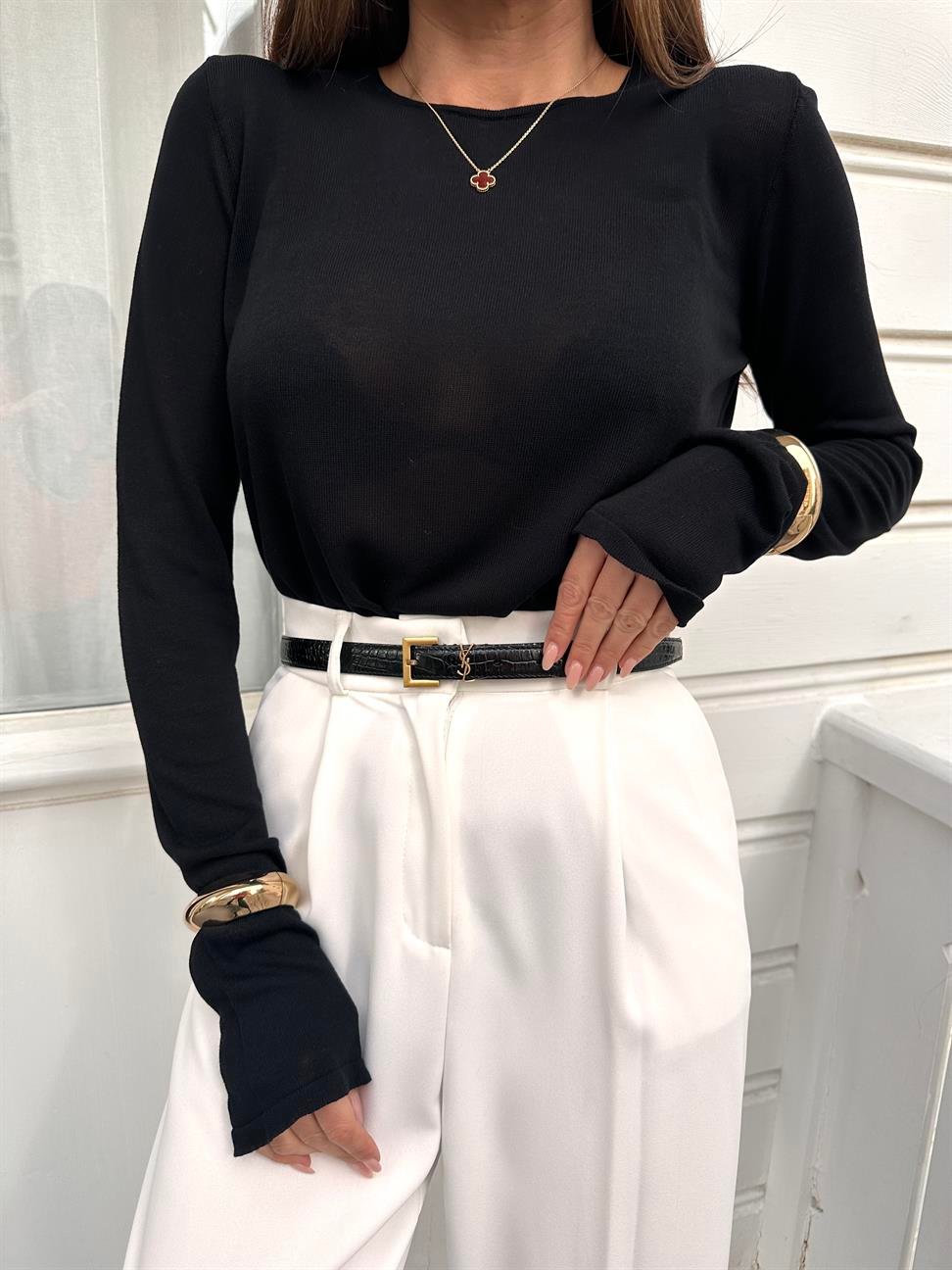 Siyah Bol Kesim Transparan Triko