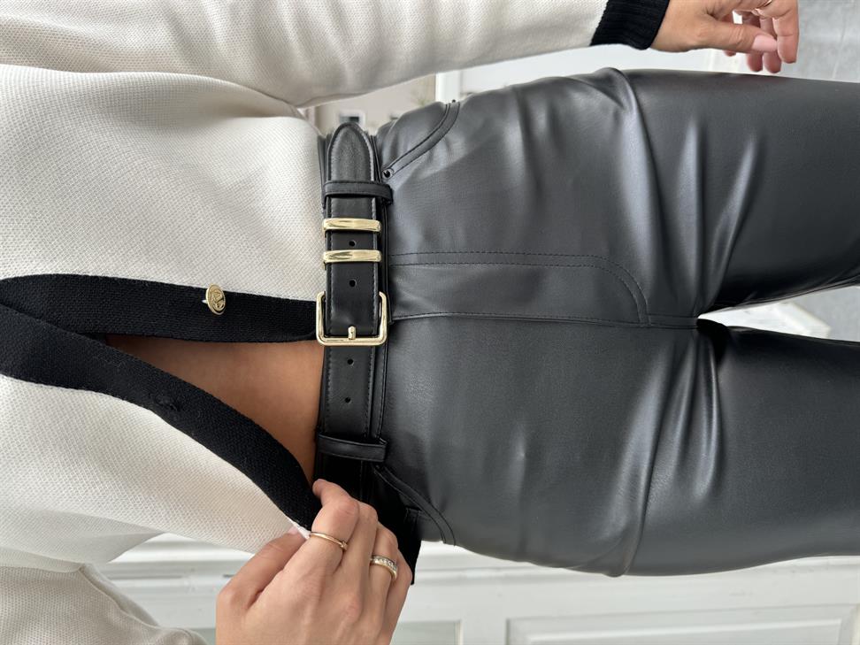 Siyah Bol Paça Deri Pantolon