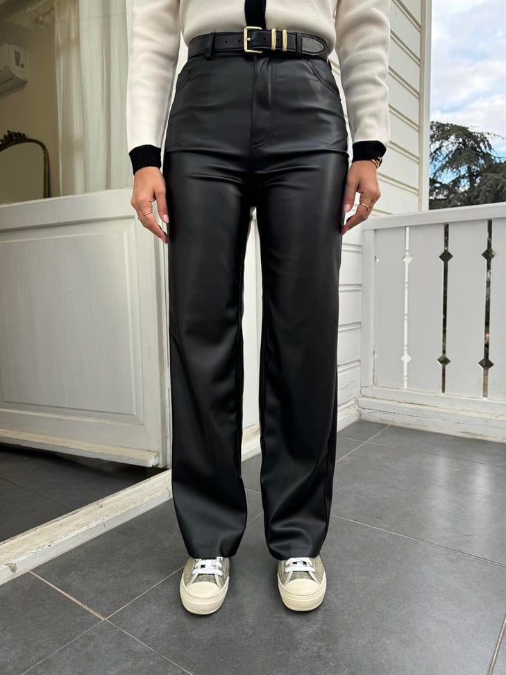 Siyah Bol Paça Deri Pantolon