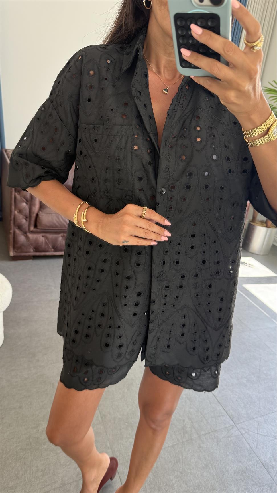 Siyah Brode Şortlu Takım