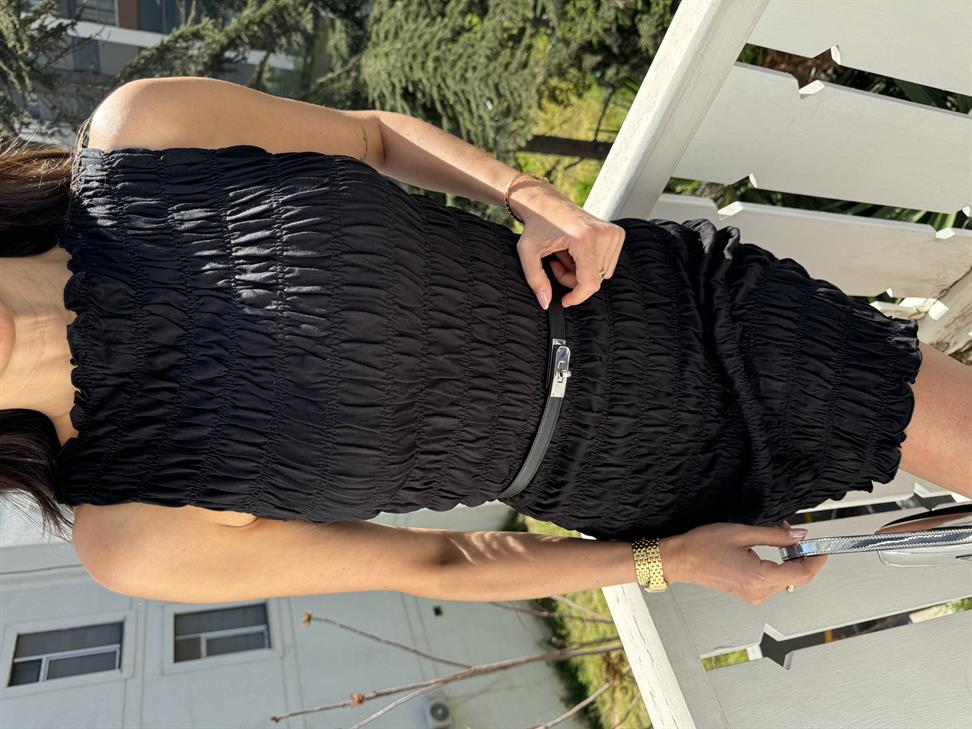 Siyah Büzgülü Mini Elbise