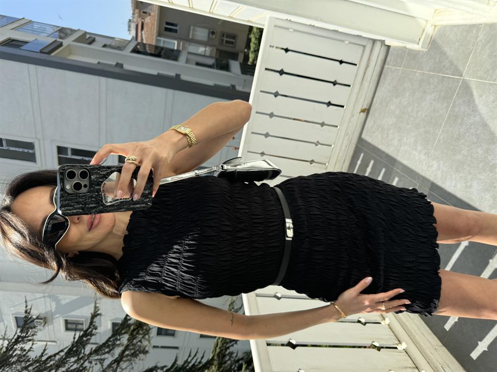 Siyah Büzgülü Mini Elbise