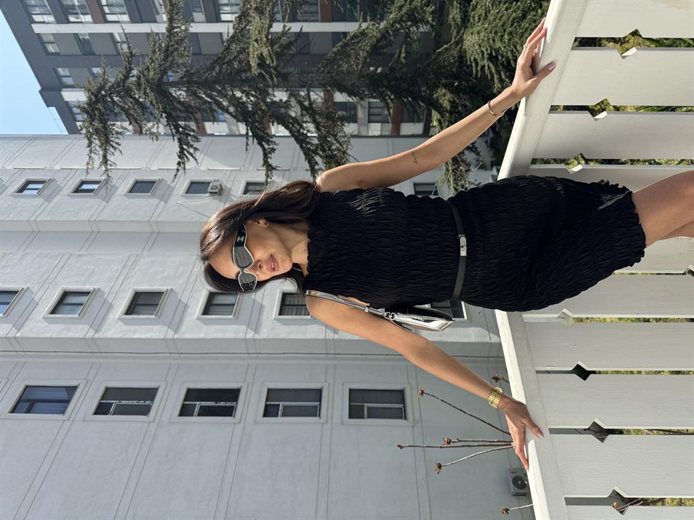 Siyah Büzgülü Mini Elbise