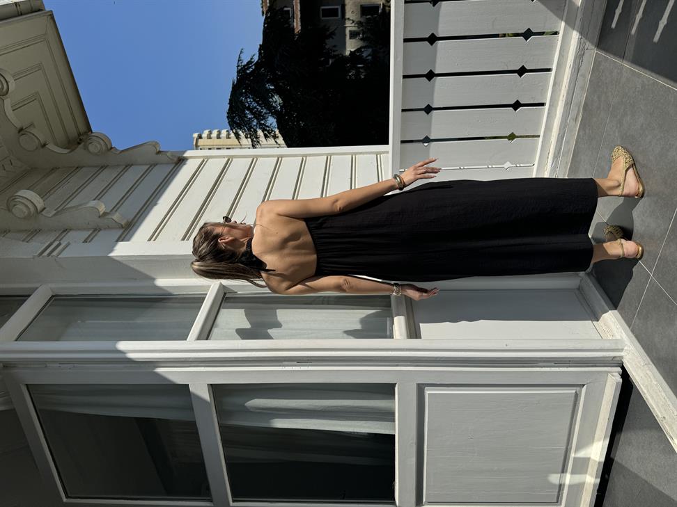 Siyah Çapraz Yaka Keten Dokulu Maxi Elbise