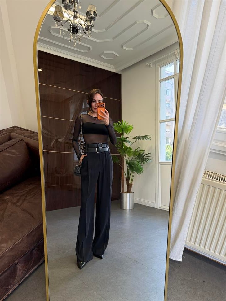 Siyah Çift Kemerli Palazzo Pantolon