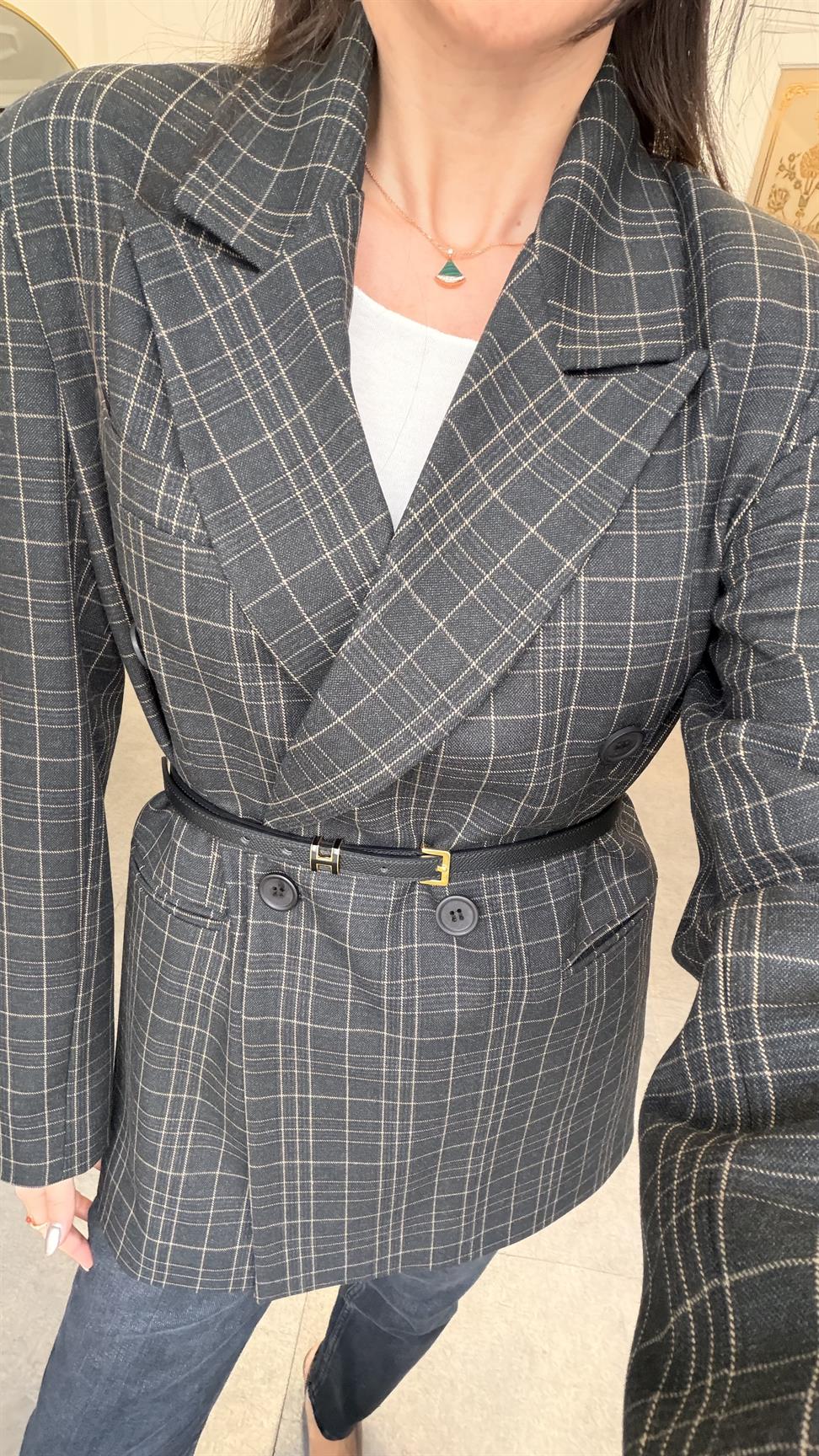 Antrasit Çizgi Desen Blazer Ceket