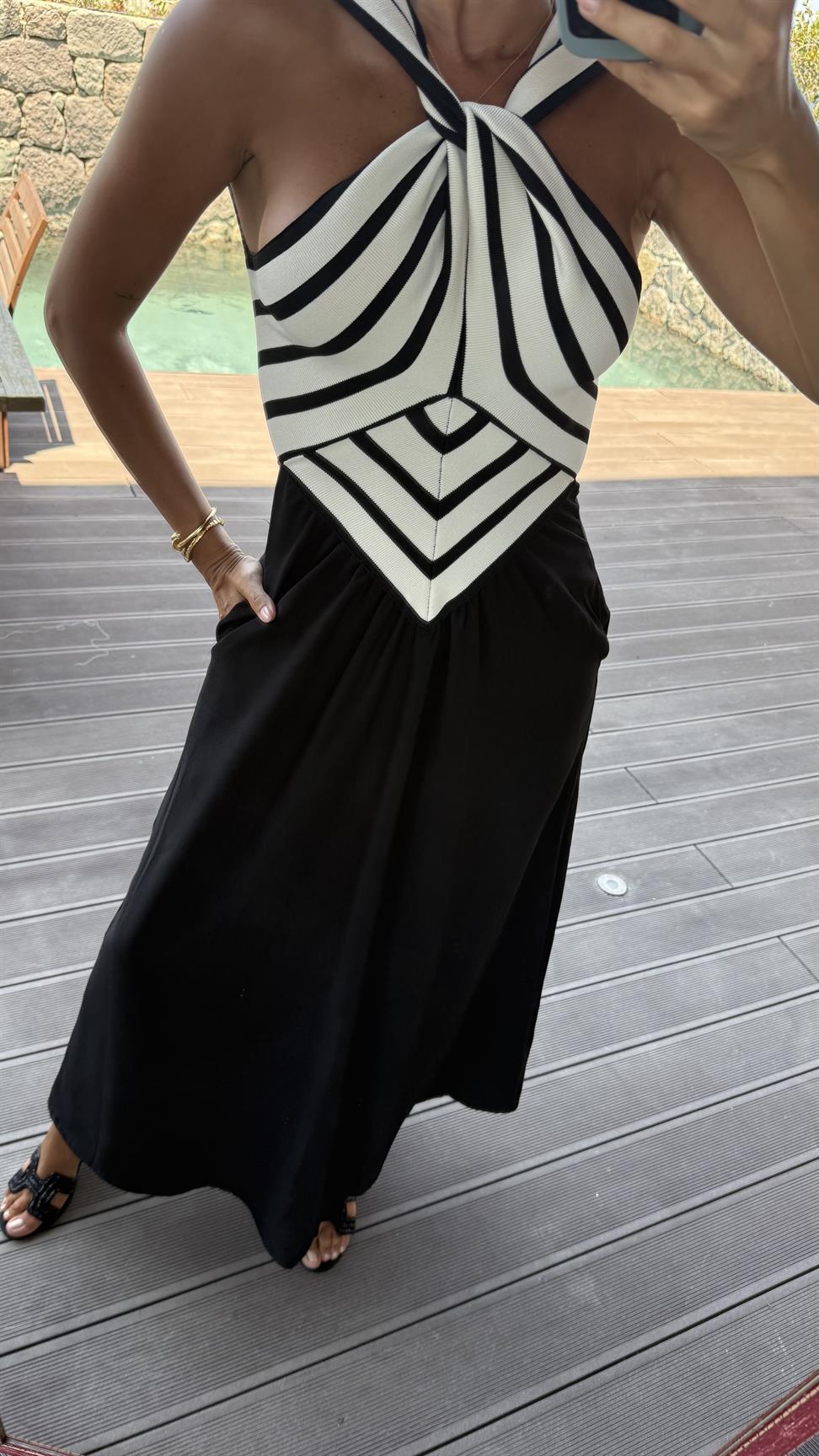 Siyah Çizgili Çapraz Kadın Elbise