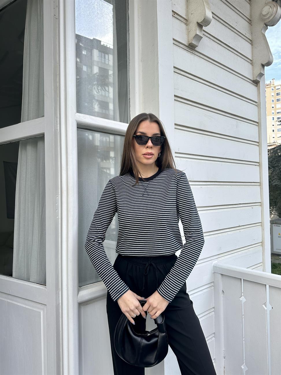 Siyah Çizgili Coton Tshirt