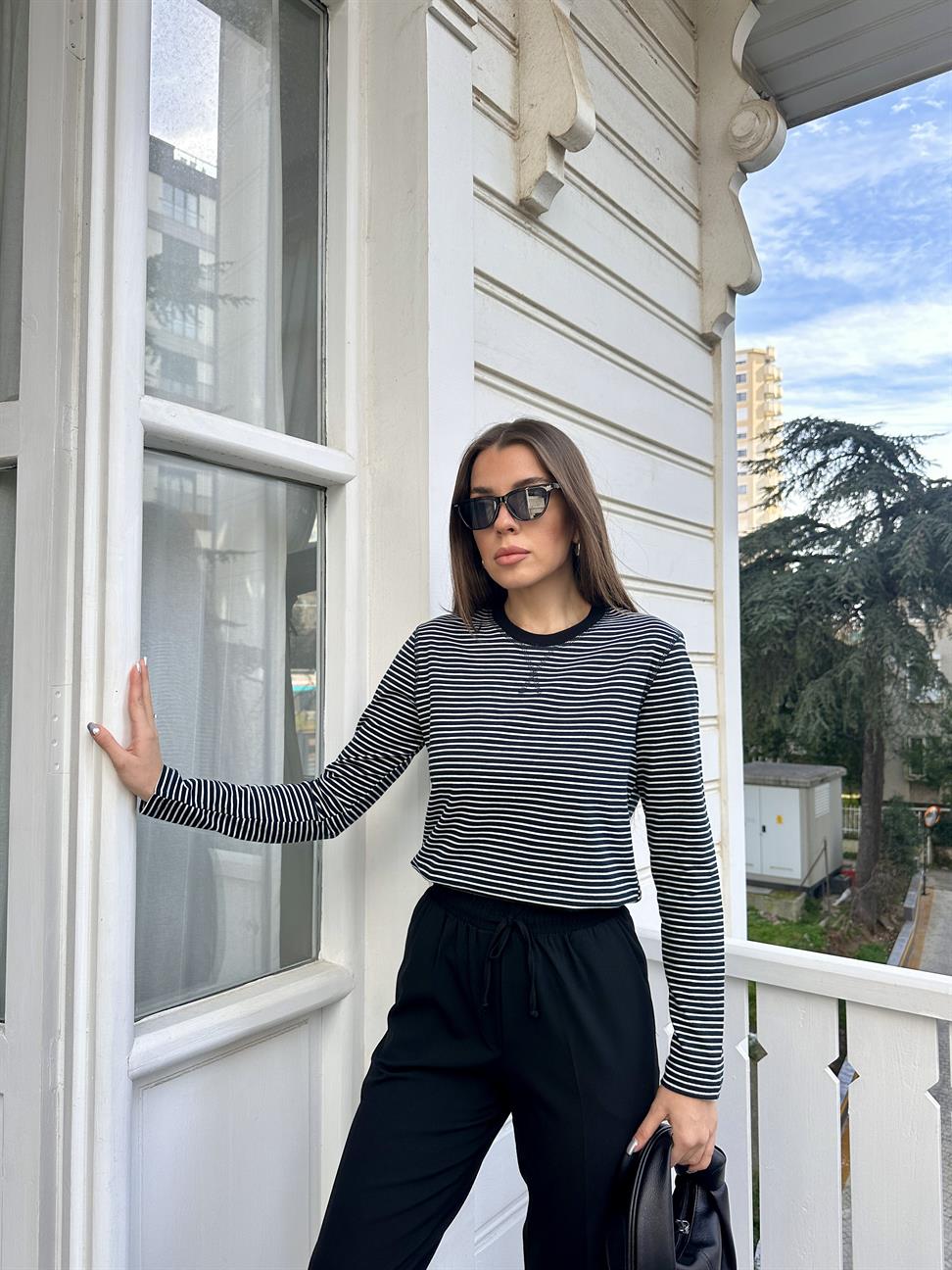Siyah Çizgili Coton Tshirt