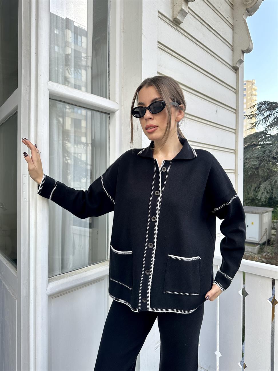 Siyah Çoban Dikişli Pantolon Takım