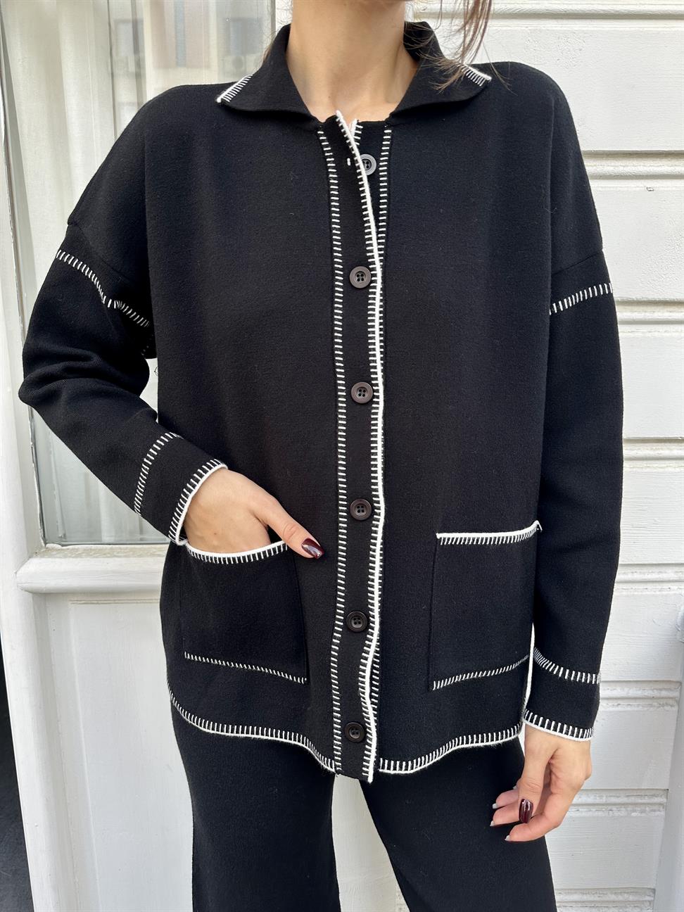 Siyah Çoban Dikişli Pantolon Takım