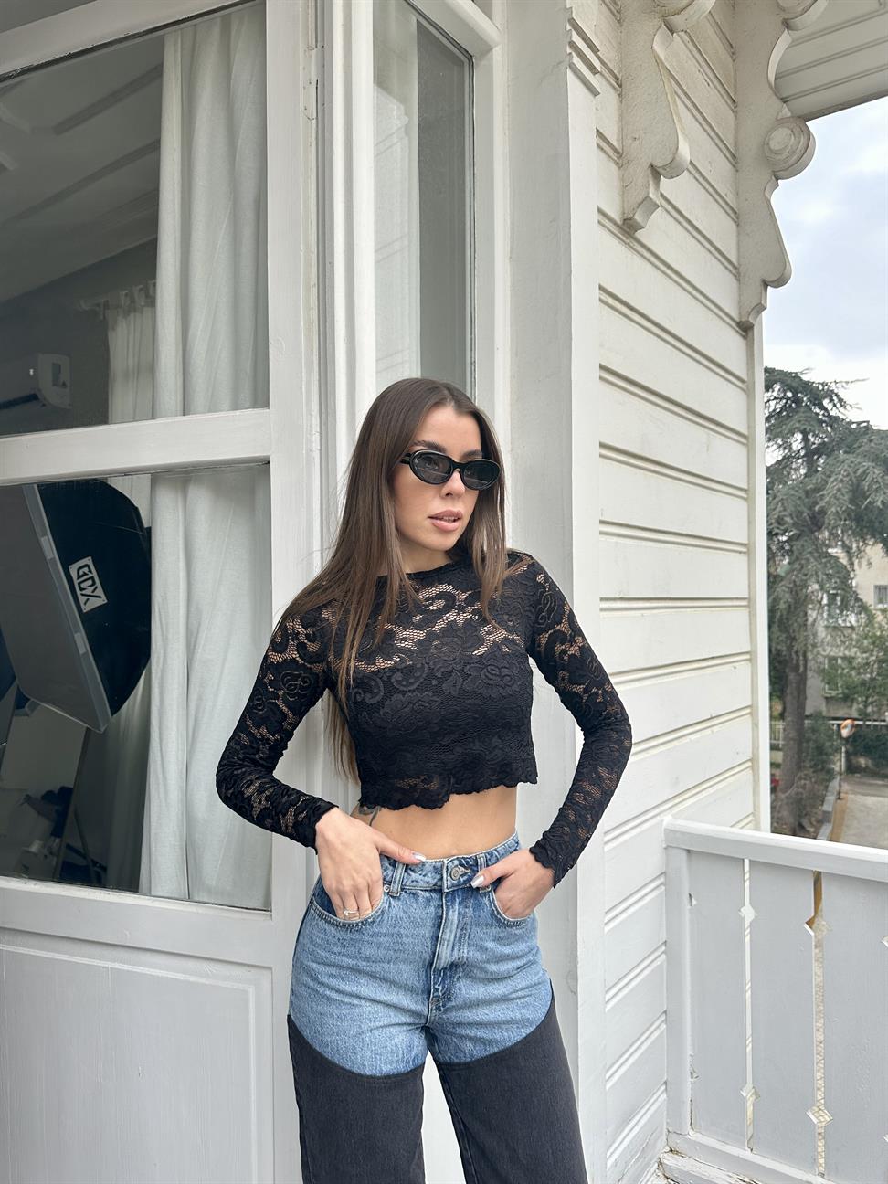 Siyah Dantel Crop Bluz