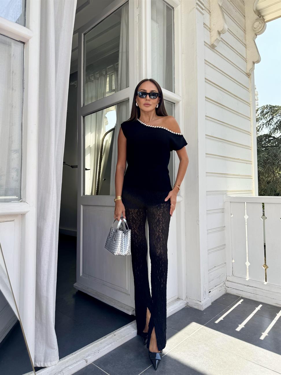 Siyah Dantelli İspanyol Paça Tayt Pantolon