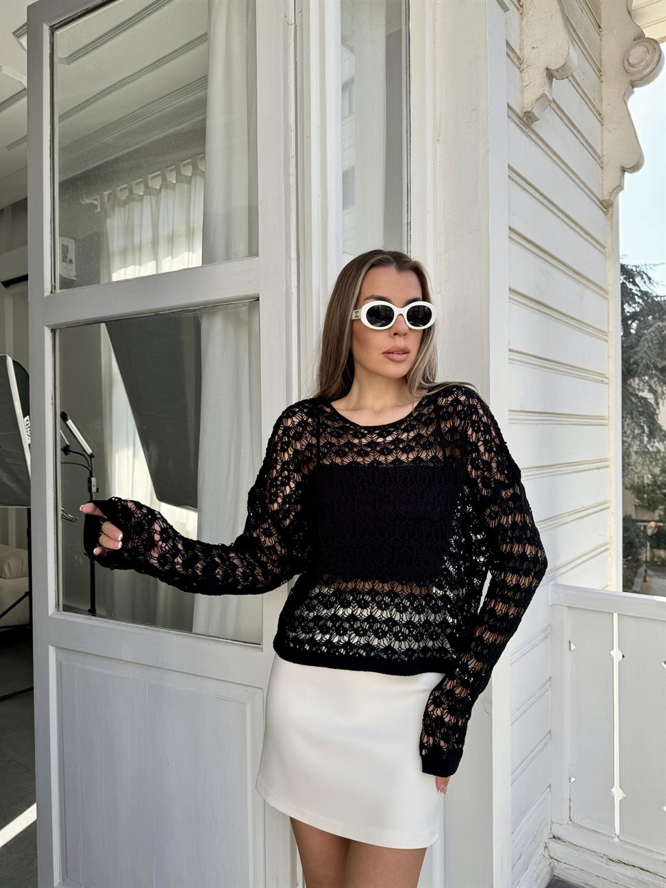 Siyah Desenli File Merserize Triko