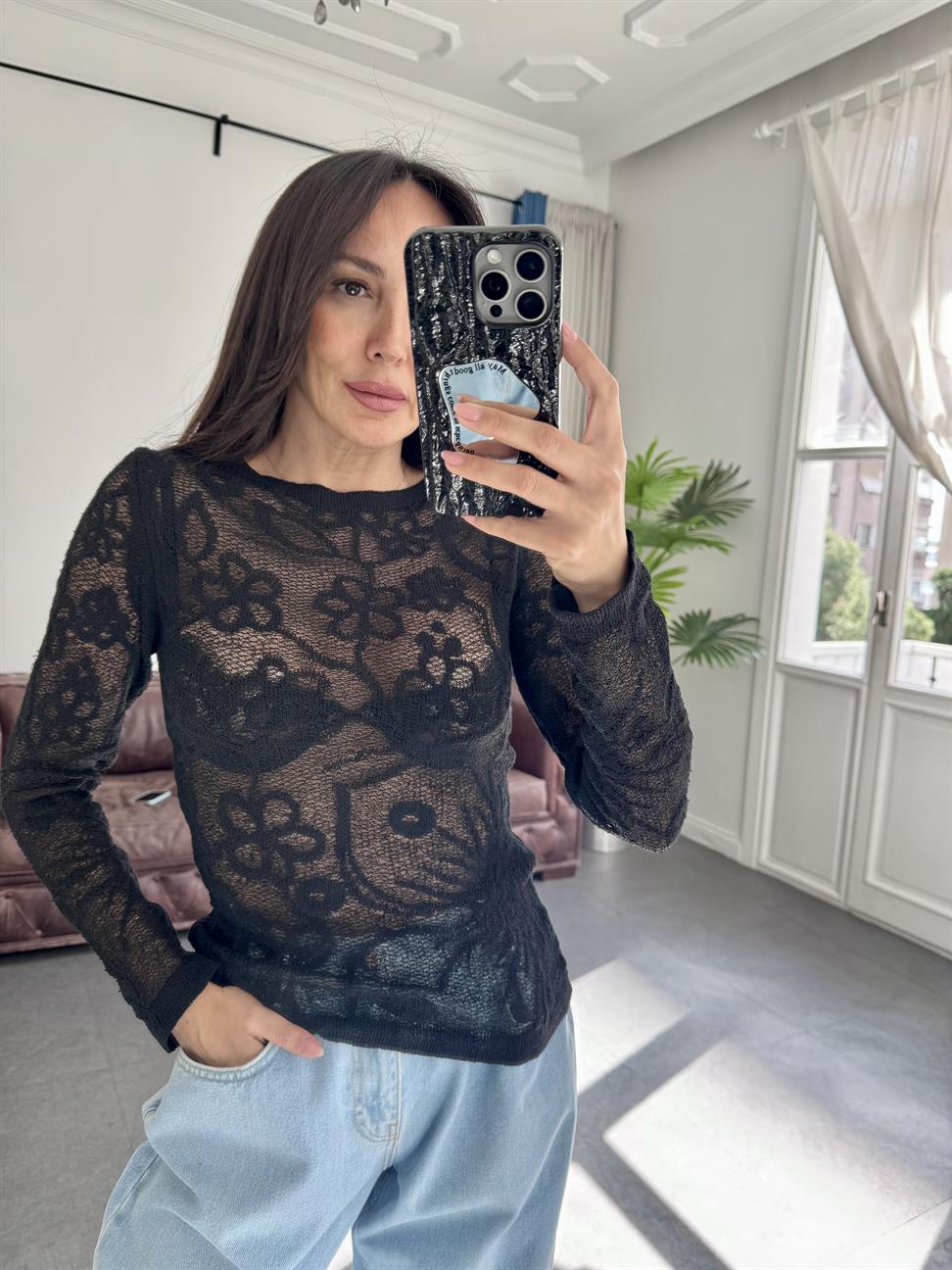 Siyah Desenli Transparan Bluz