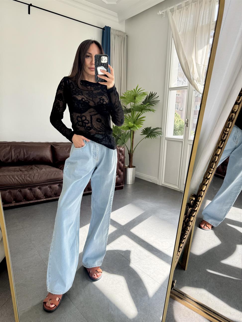 Siyah Desenli Transparan Bluz