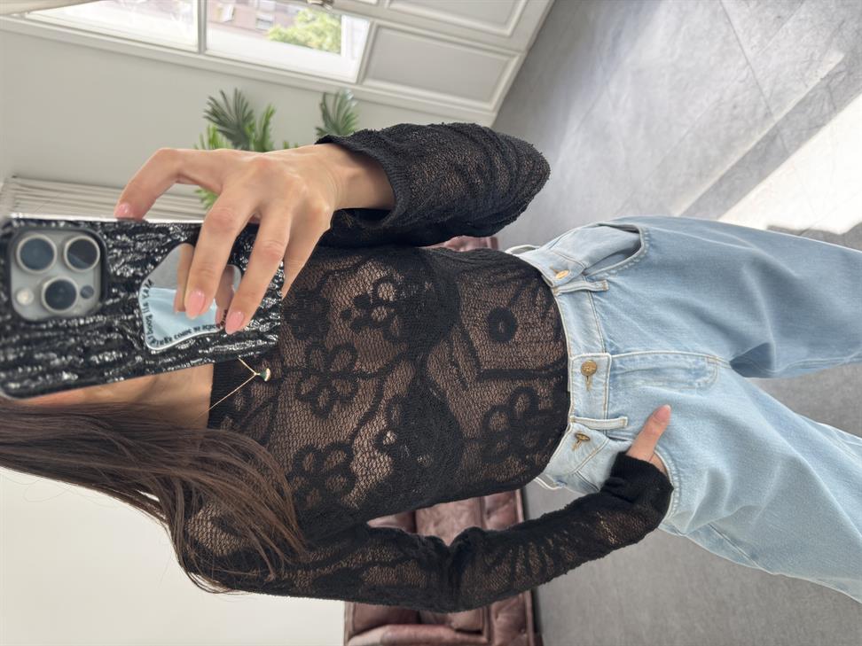 Siyah Desenli Transparan Bluz