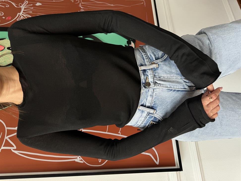 Siyah Dik Yaka Yarı Transparan Triko