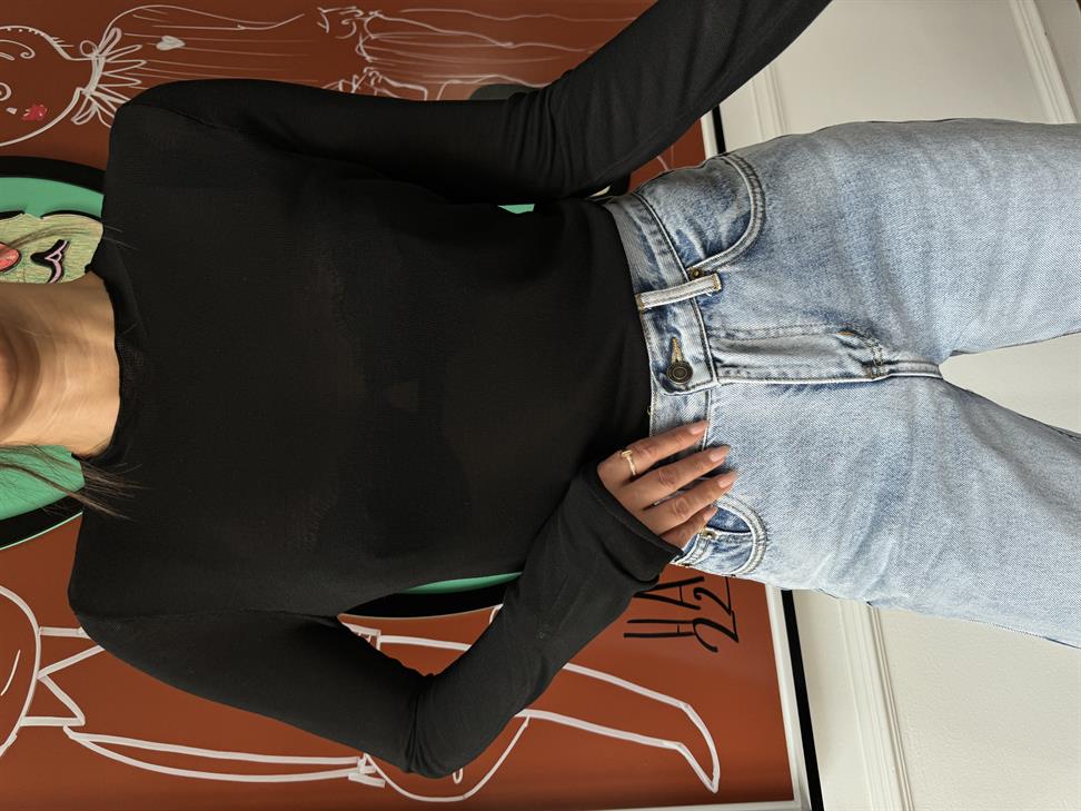 Siyah Dik Yaka Yarı Transparan Triko