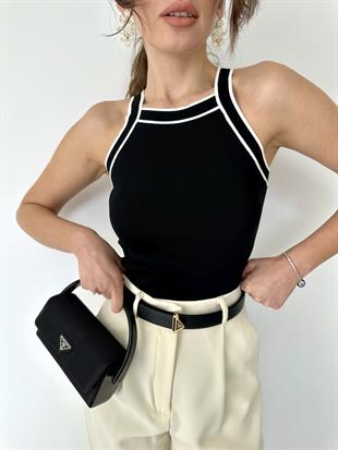 Siyah Düz Askısı İnce Çizgili Bluz