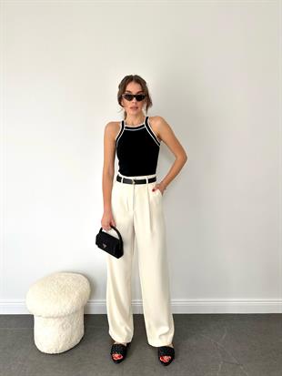 Siyah Düz Askısı İnce Çizgili Bluz