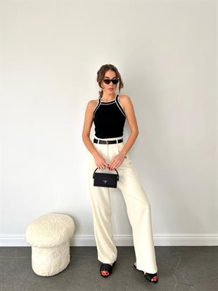 Siyah Düz Askısı İnce Çizgili Bluz