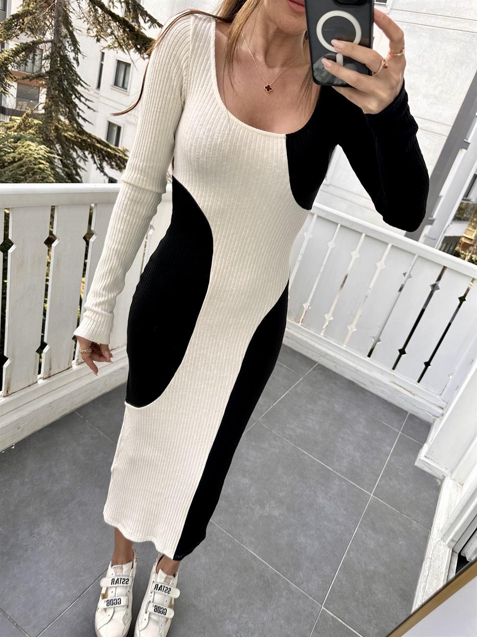 Siyah Ekru Desenli Elbise