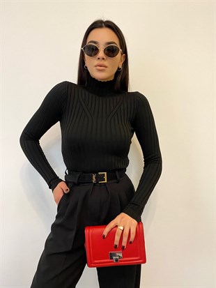 Siyah Esnek Kumaş Fitilli Triko