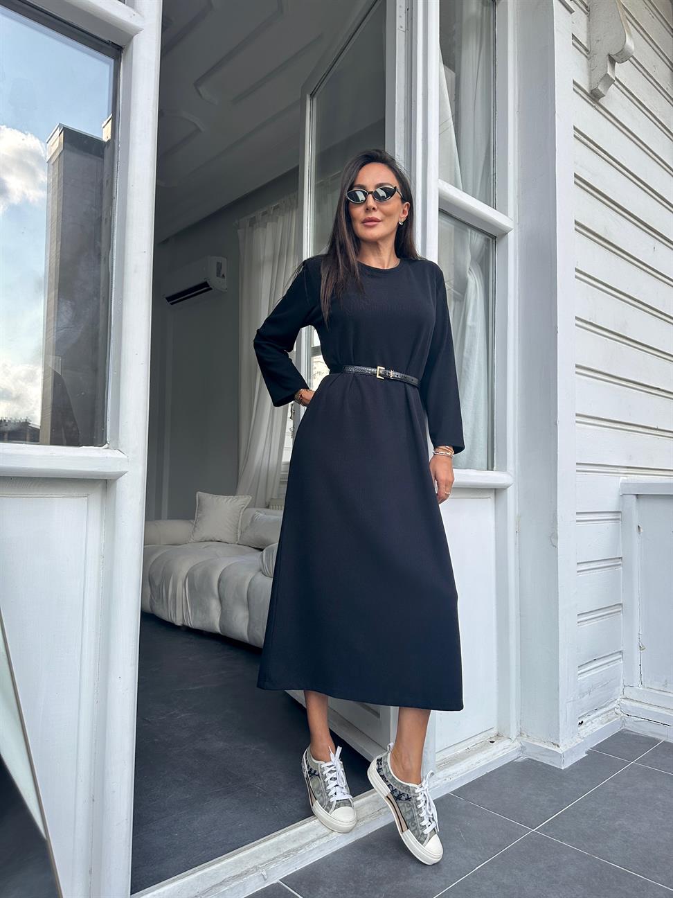 Siyah Fitilli Basic Elbise