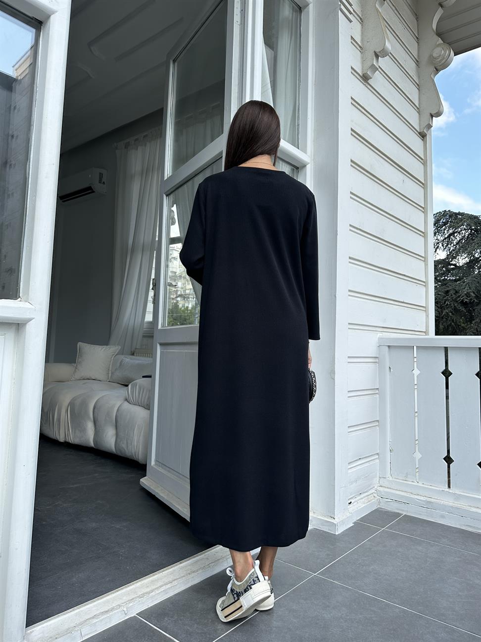 Siyah Fitilli Basic Elbise