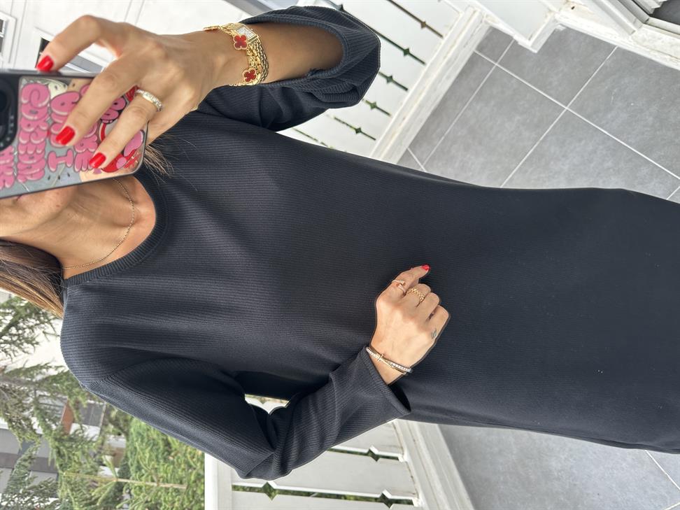 Siyah Fitilli Basic Elbise