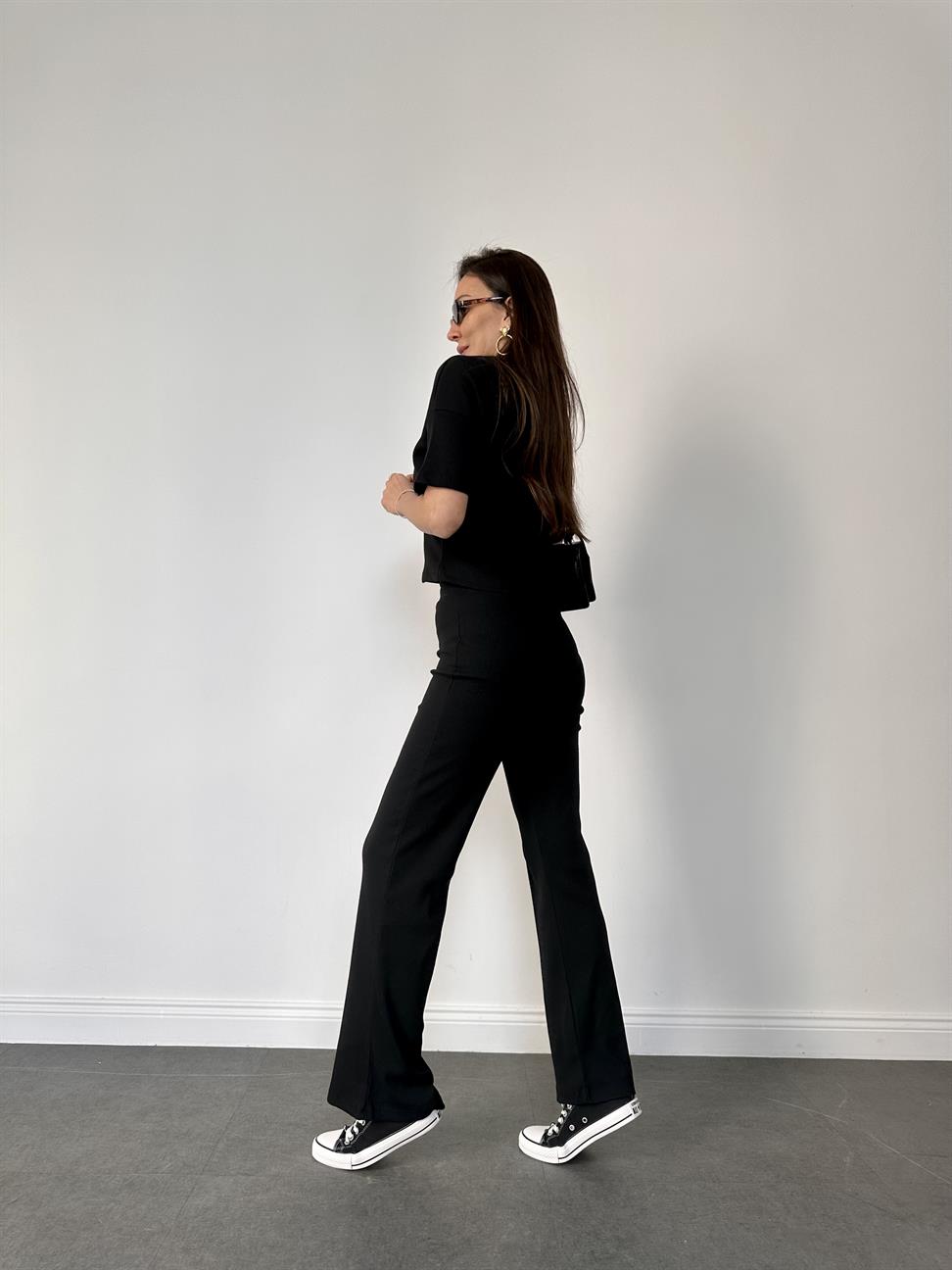 Siyah Fitilli Pamuklu Kadın Takım