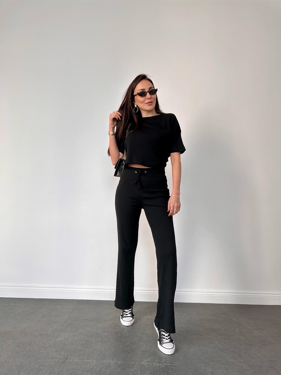 Siyah Fitilli Pamuklu Kadın Takım