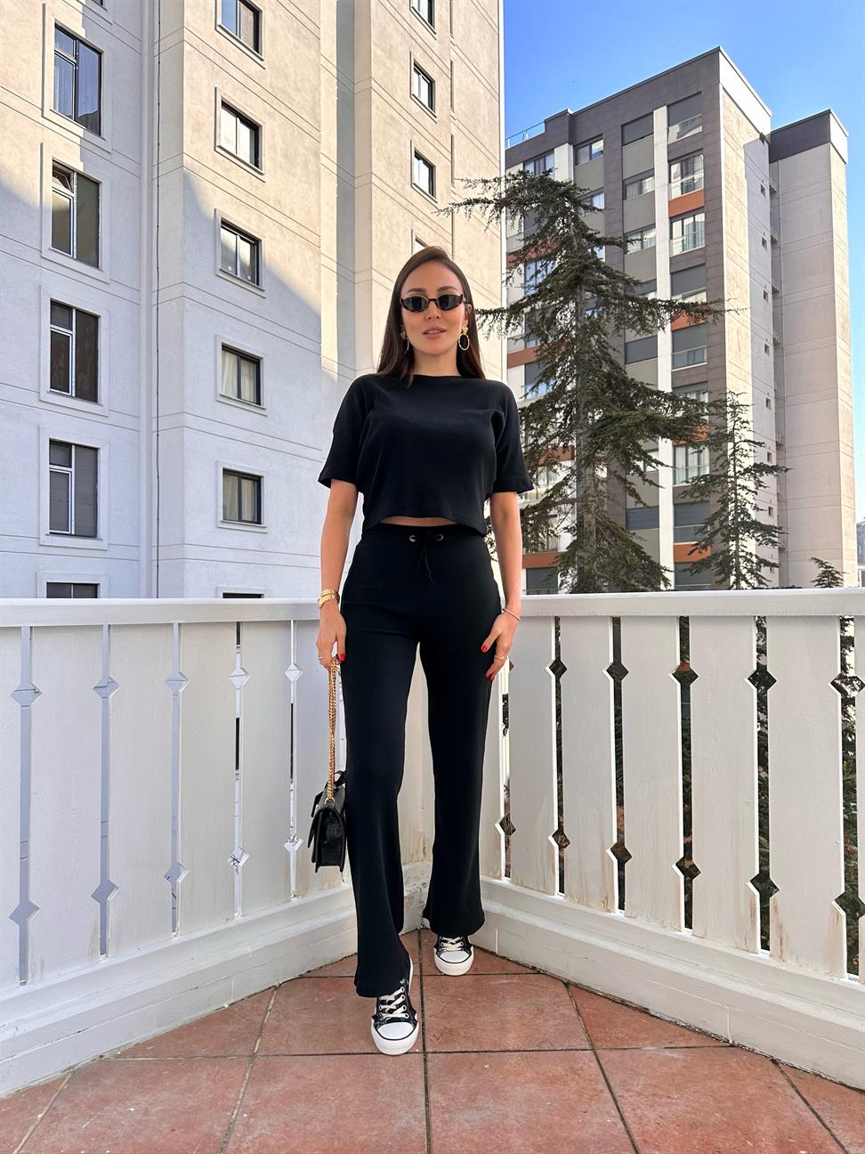 Siyah Fitilli Pamuklu Kadın Takım