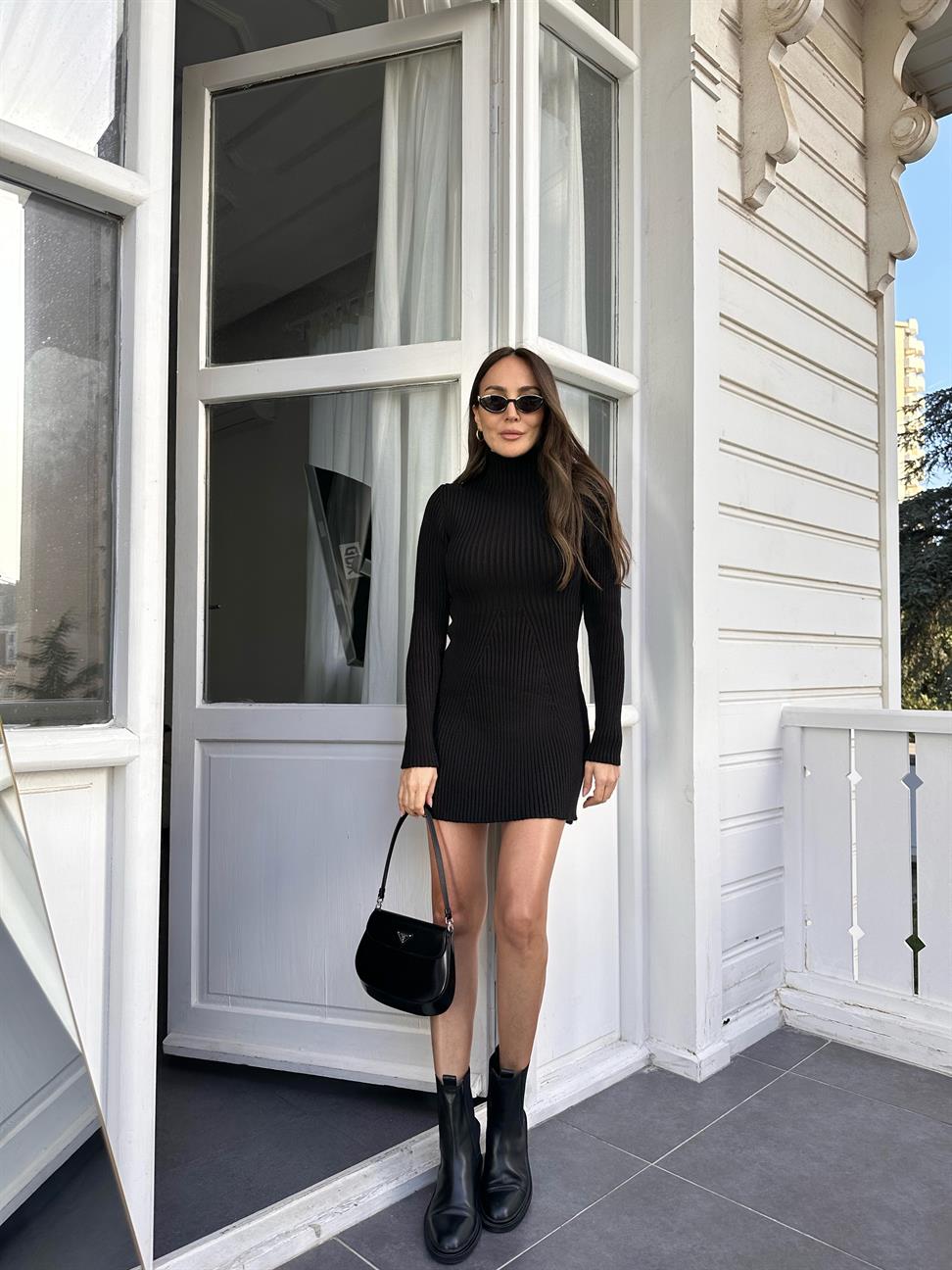 Siyah Fitilli Triko Mini Elbise