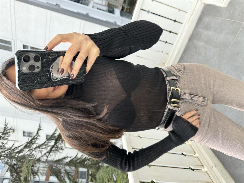 Siyah Fitilli Yarı Transparan Triko